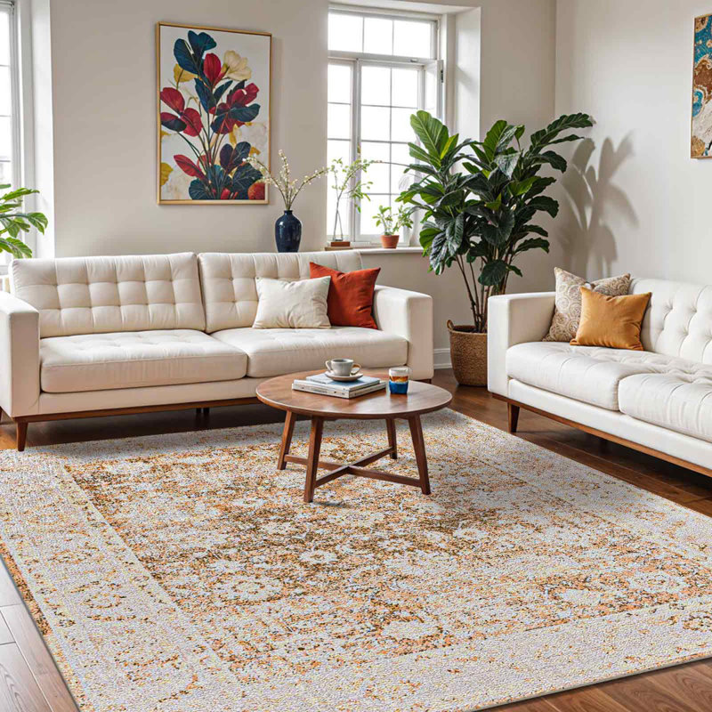 Brown Traditional Washable Rug, Bordered Floral Anti-Slip Rug For Living Room, Dining Room, Bedroom, Kitchen