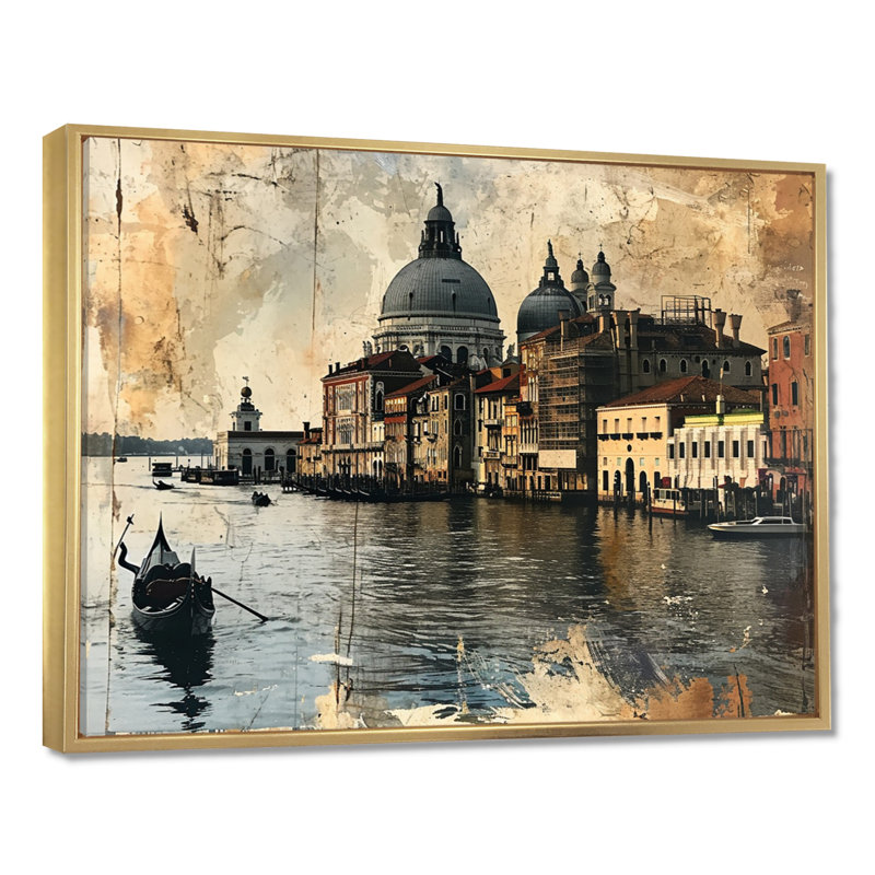 «Vintage Venice Journal Gondola On Grand Canal», reproduction d'art murale de Venise, H 34 po x l 44 po, Cadre flottant doré