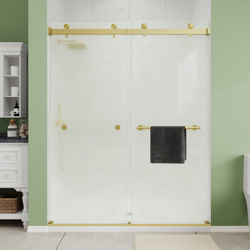 Porte de douche coulissante double sans cadre 55 "à 60" x H 72 "en or brossé avec verre givré 1/4" (6mm), cadre en aluminium