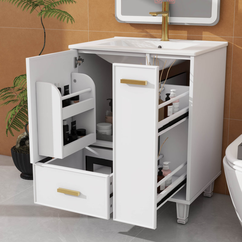 Meuble-lavabo de 24 po avec lavabo compact avec armoire de salle de bain, tablette de porte, tiroir profond et panier coulissant à 2 niveaux