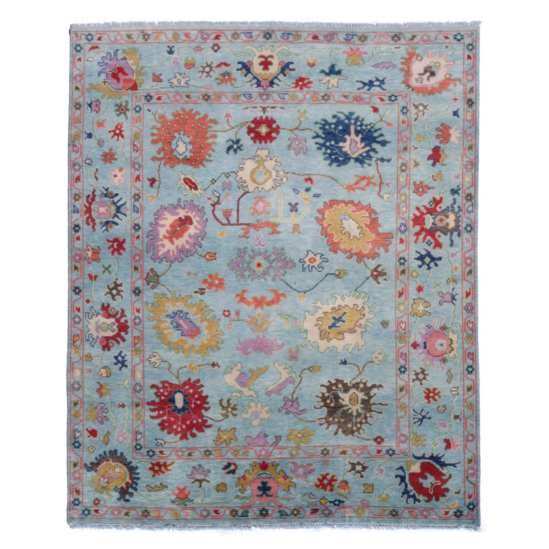 Tapis noué à la main 8 x 10 bleu clair Oushak