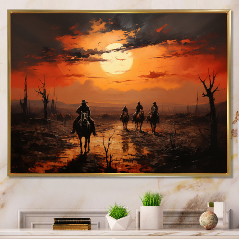 Western Sunset Riders Pointillism Art I - décoration murale occidentale, Cadre flottant doré, H 30 po x l 40 po x P 1,5 po
