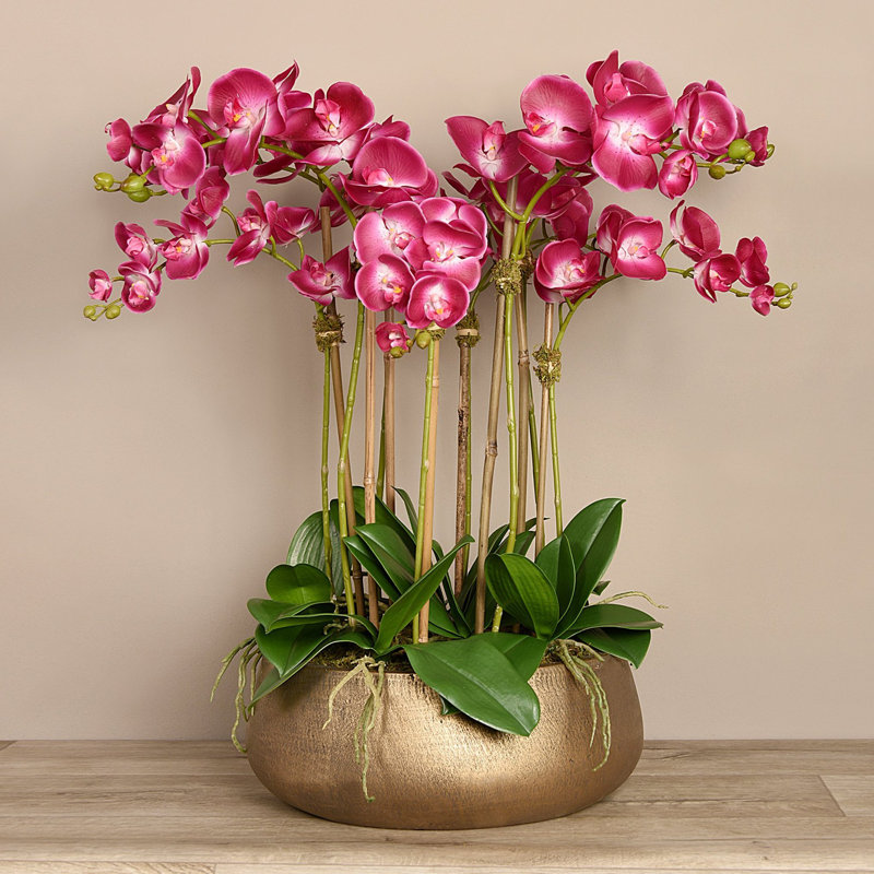 Orchid Floral Arrangement in Planter, Gold, Pink, 29" x 22"