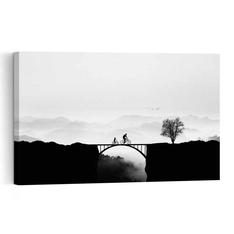 " Cyclists On A Misty Bridge Peaceful Serene Abstract Bird Mountain Nature Wall Art Print " Print, 12" H x 18" W