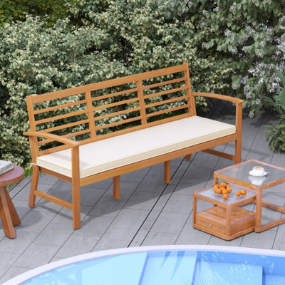 Patio 64 Inch Wood Bench With Seat Cushion And Slatted Seat For Backyard