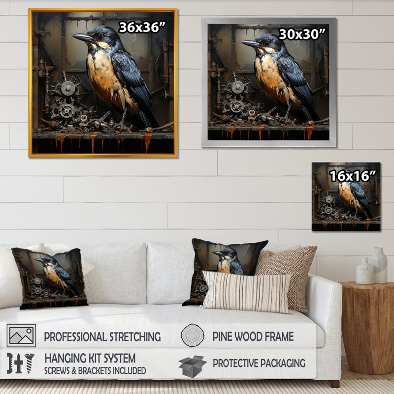 Brown Steampunk Bird  II - Bird Wall Art, Silver Single Picture Framed, 36" H x 36" W x 1.5" D