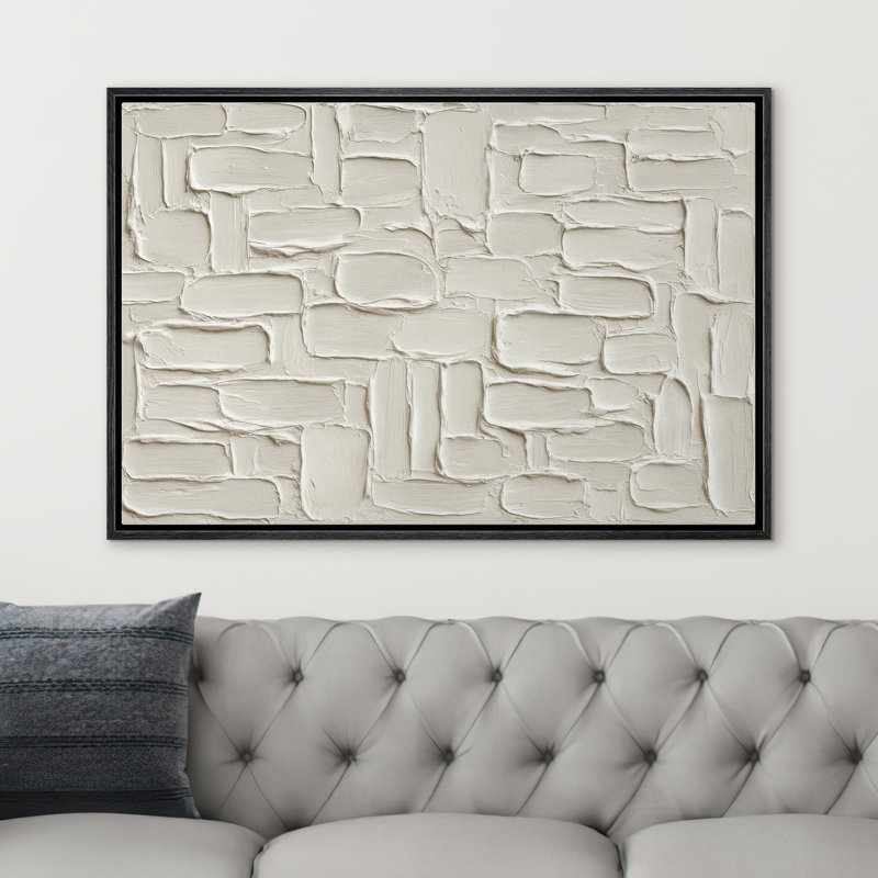 White Stone Block Pattern Wall Design Framed Canvas Master Bedroom Wall Art Work Print, Black, 24" H x 36" W