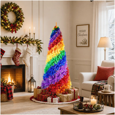 Arbre de Noël en forme d'arc-en-ciel de 7,5 pi, 1825 pointes de branches, arbre de Noël artificiel coloré en PVC avec une conception en spirale unique, forme pleine et luxuriante, support en métal robuste pour la décoration de Noël intérieure