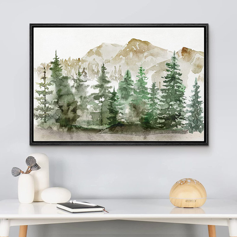 Green Watercolor Mountain Pine Tree Forest Nature Landscape Rustic Wall Art Work Framed Canvas Print, Black