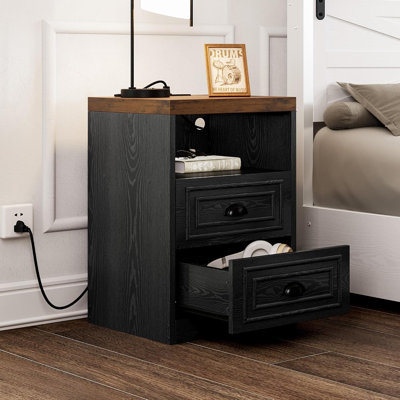 Farmhouse nightstand with charging station & 2 storage drawers, rustic brown end table for bedroom & living room