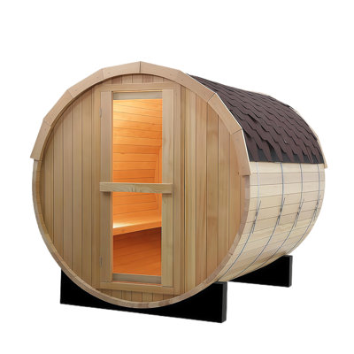ZONEMEL Indoor and Outdoor Barrel Sauna Room with Asphalt Shingle Roof, Canadian Hemlock Wood Steam Sauna with 6KW ETL Certified TOULE Heater, Tempered Glass, Mostly for 6-8 People Sauna Bath