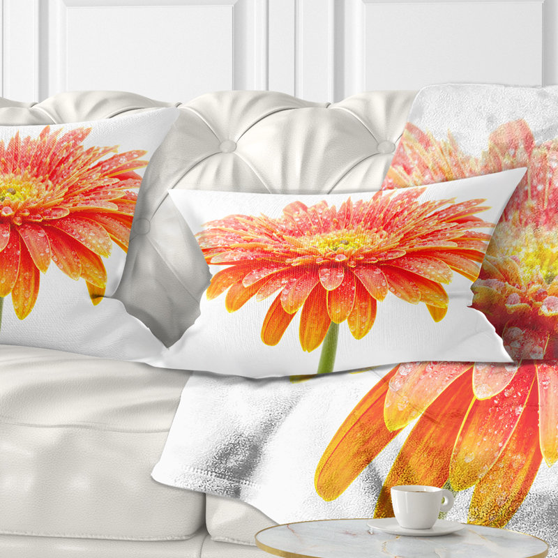 Grand coussin décoratif orange Gerbera sur fond blanc