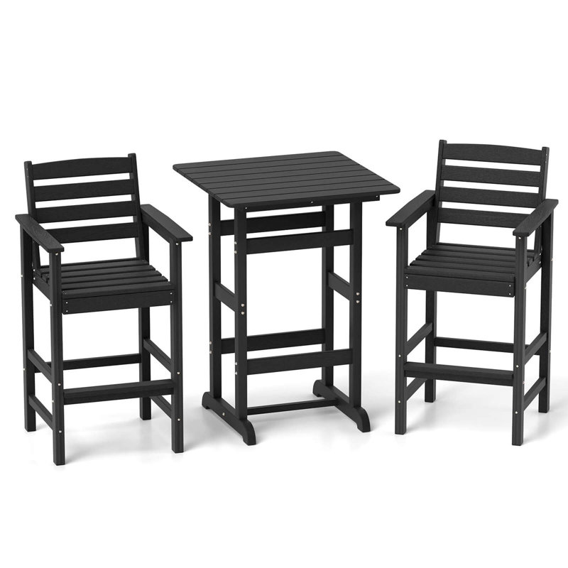 3-Piece Patio HDPE Bar Set Armchairs with Square High-Top Table Footrest Backrest , Black