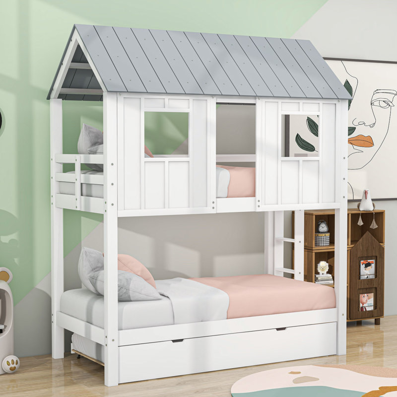 Drumsough Kids Twin Over Twin Bunk Bed with Trundle