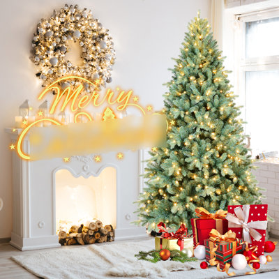 Arbre de Noël bleu de 7,5 pi, 550 lumières à DEL blanc chaud, 2148 pointes, ambiance chaleureuse des Fêtes, support en métal teinté à assemblage rapide, aspect naturel