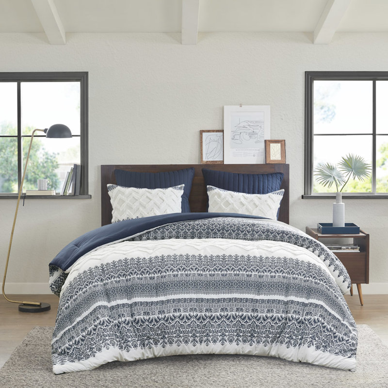 Très grand / très grand édredon en coton. Chenille. Motif bleu marine. Rembourrage. 2 taies décoratives assorties. Lavable à la machine. Literie exquise en chenille. Remplir. Élégant