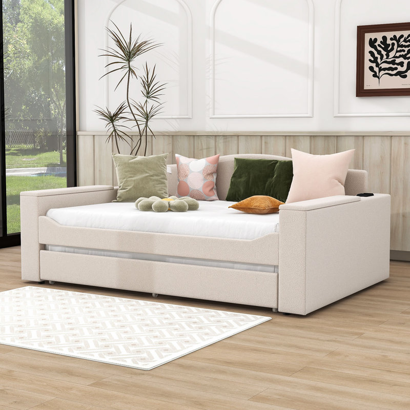 Lit de jour rembourré avec couchette Loisann, Beige, Double