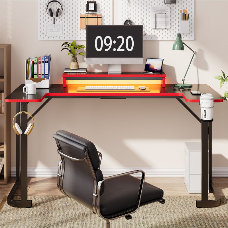 Monike 51“/59” U-Shaped Computer Desks with LED Lights, Gaming Desks with Monitor Stand, Headphone Hook and Cup Holder