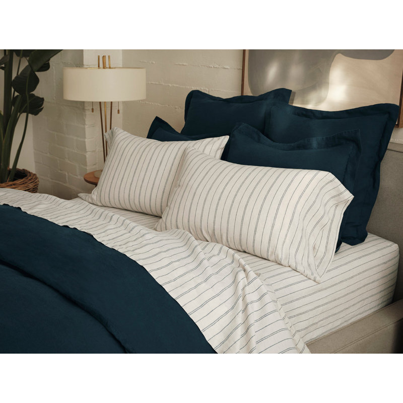 Organic Relaxed Linen Pillowcase, Standard/Queen Pillowcase, Fog Chambray Indigo Stripe