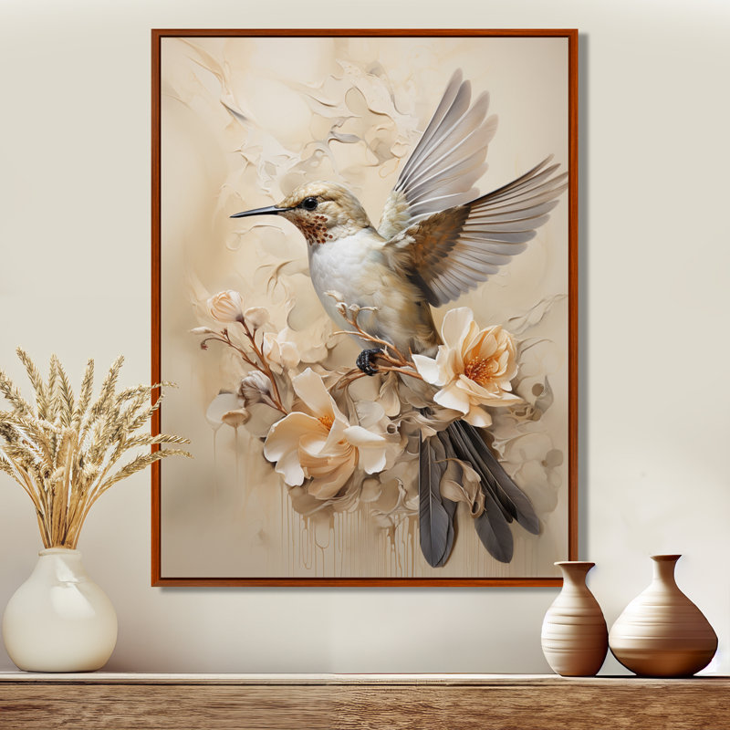 Colibri floral flottant I - Art mural colibri pour le salon, H 20 po x l 12 po x P 1 po, Cadre flottant brun