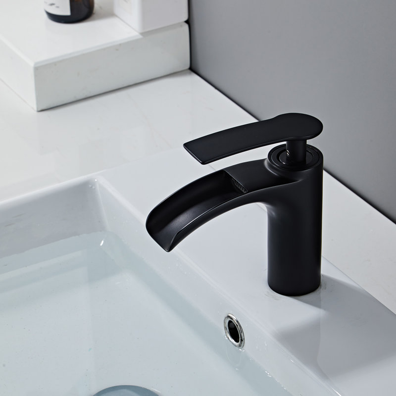 Robinet pour salle de bain à poignée simple avec plaque de pont et ensemble de drain, Noir mat
