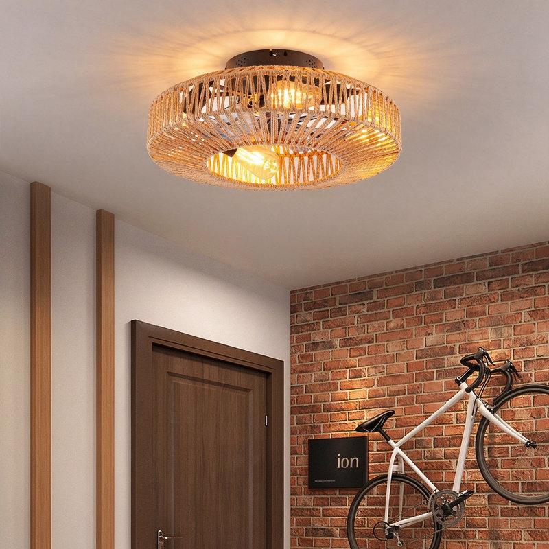 Ventilateur de plafond Socher 20'' style bohème bohème en rotin avec cage, ensemble d'éclairage et télécommande