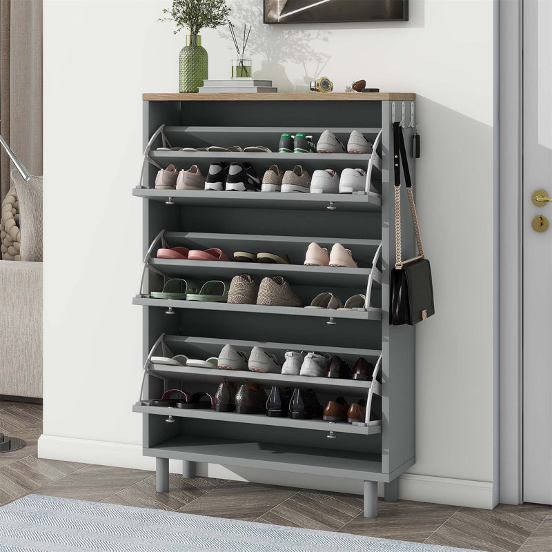 Versatile Free-Standing Shoe Cabinet with Multiple Compartments and Hooks for Hallway Organization