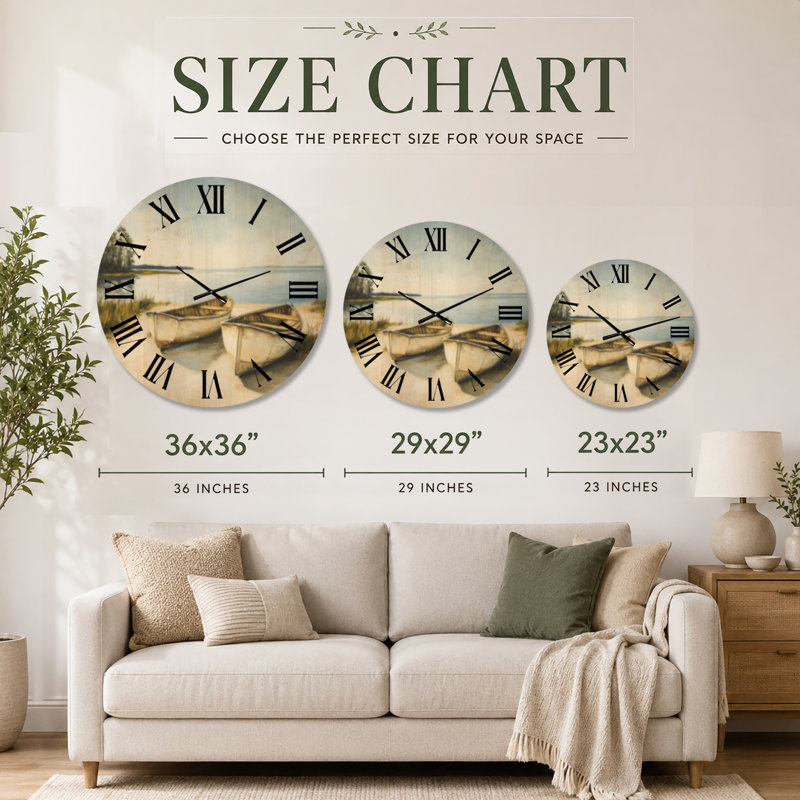 Horloge murale décorative « Deux canots au repos » - Beige Cabin, imprimée sur bois, Extra Large