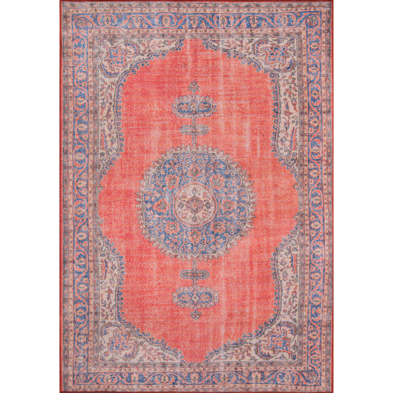 Oriental Power Loom Red/Blue/Ivory Area Rug, Rectangle 2' x 3'