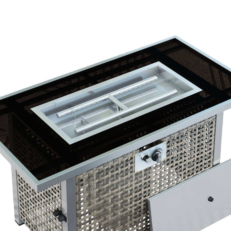 43" Rectangular Grey Open Weave Propane Fire Pit Table, 60000 , With Blue Glass Stones, Tempered Wind Guard, And 20lbs Storage For Outdoor Family Gatherings Gas Bohemian Charm, Removable - Rust Lid