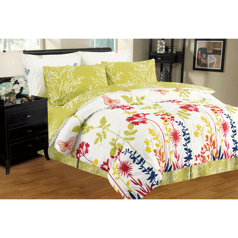 Modern & Contemporary Box Stitch Floral Comforter, Twin Comforter + 4 Additional Pieces
