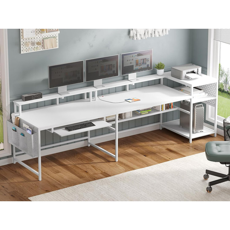Larrie 59.01'' W Rectangle Computer Desk L-Shaped Computer Desk with Power Outlet and USB Ports, White