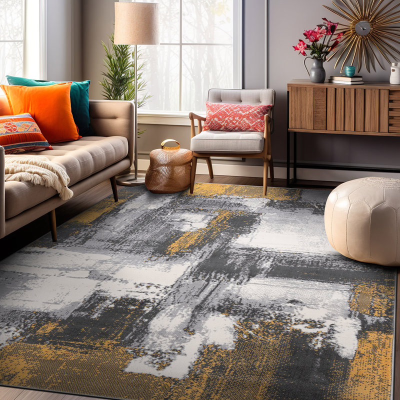 Demeko Abstract Machine Woven Polypropylene Performance Area Rug, Rectangle 5' x 7', Yellow