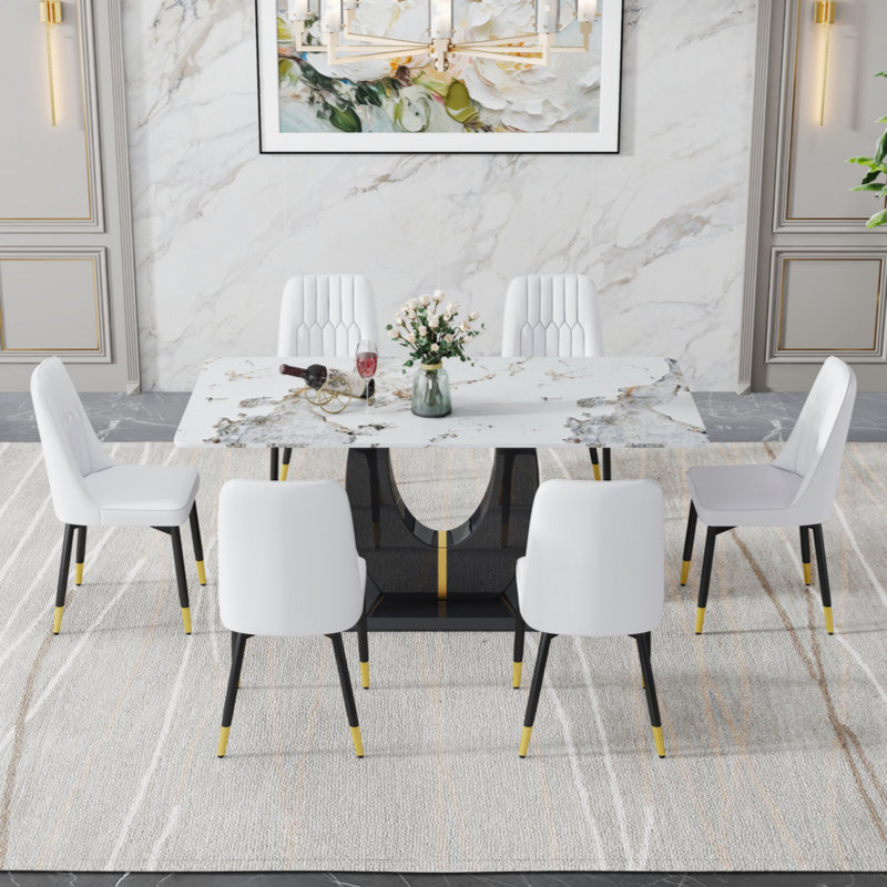Usmon Glass Top Pedestal Dining Set, White/Black, 7