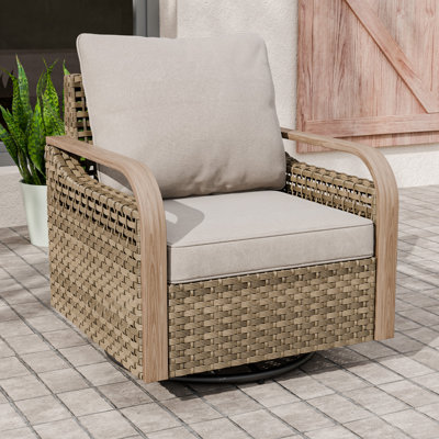 Outdoor Patio Brown Wicker Wood Grain Armrest Swivel Glider Chair with Cushion by Hokku Designs