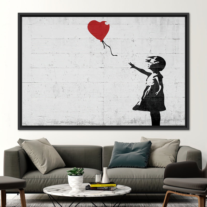 Modern Banksy Balloon Girl Canvas Print - Abstract Graffiti Wall Art for Home Decor, Floater Framed Print without Mat, Black