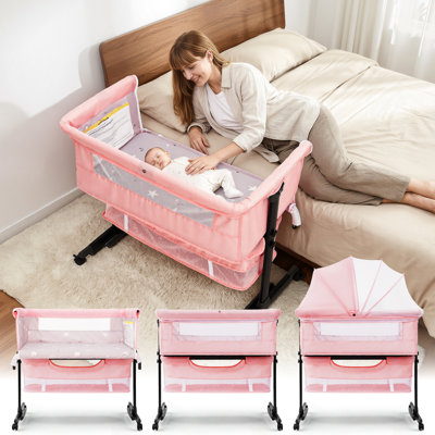 3 In 1 Infant Bassinet Crib Side Sleeper, Crib Side Crib, Adjustable Infant Bassinet With Wheels, Storage Basket, Mattress, Easy To Assemble And Fold Portable Infant Bassinet