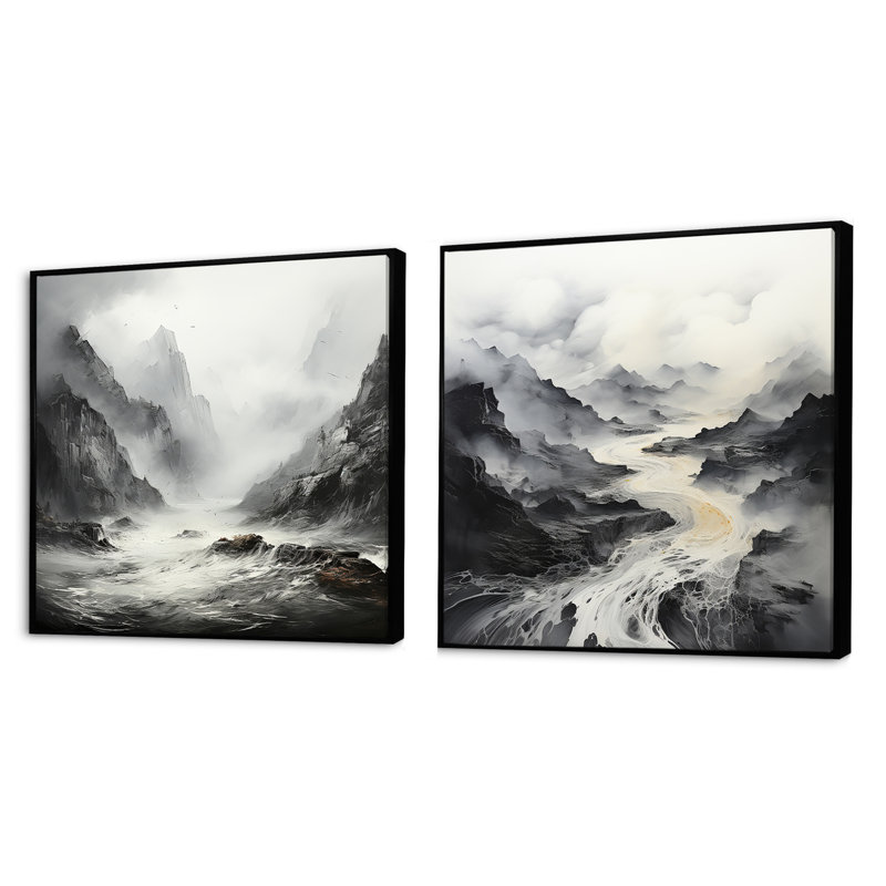 Mystic Mountain River - ensemble de 2 collages carrés, Cadre flottant noir, H 30 po x l 61 po