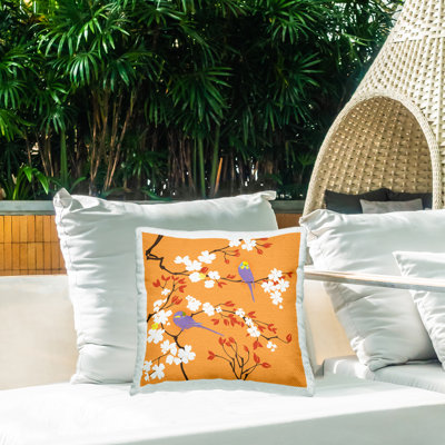 Orange Parakeet Floral Nature Outdoor Printed Pillow by Evelia Designs