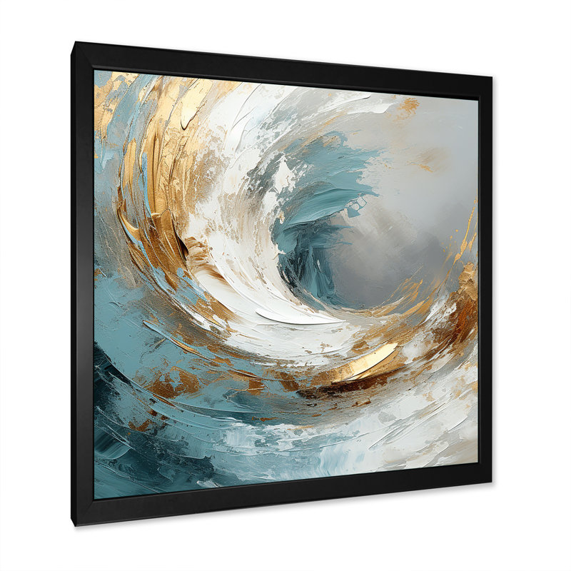 «Gold and Grey Paint Spiral Whispers II», art mural abstrait en spirale, H 36 po x l 36 po x P 1,5 po, Cadre simple noir
