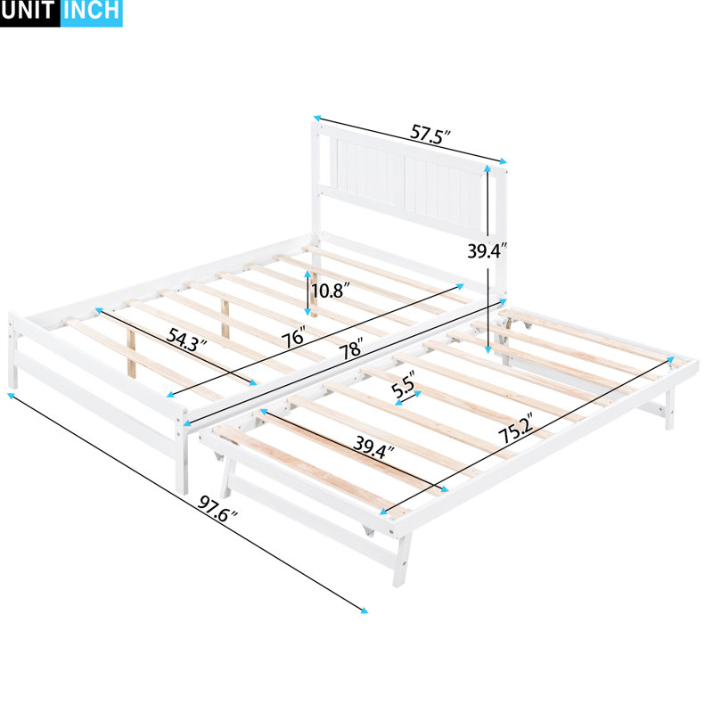 White Full Size Platform Bed With Adjustable Trundle - Constructed Quality Pine Wood And In Solid Construction For Maximum Support