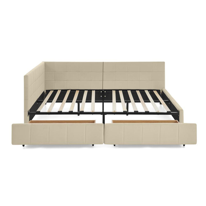 Upholstered Daybed With Backrest, Armrest, And Storage Drawers, Beige