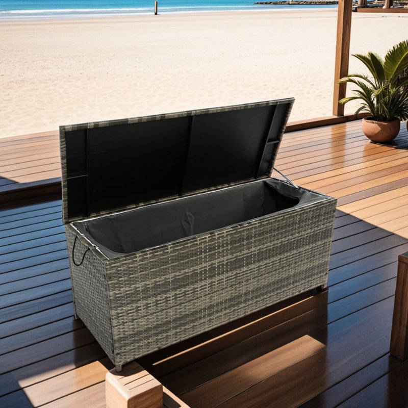 Coffre de rangement de jardin 113 gallons. Gris avec couvercle Structure légère en métal. Eau. Pour une utilisation à l'extérieur - Caisse spacieuse pour patio, terrasse. Doublure amovible, rouille portable et utile