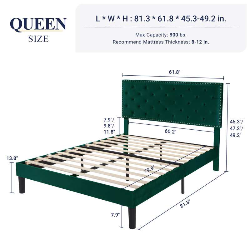 Basnett Upholstered Platform Bed, Green, Queen