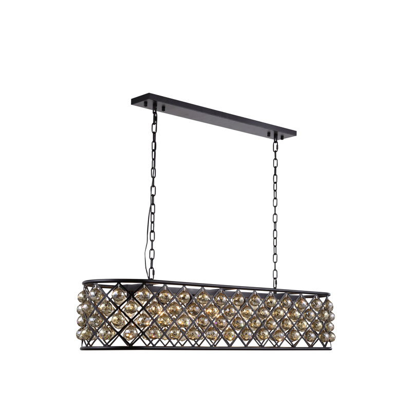 Luminaire suspendu linéaire à 7 lumières pour îlot de cuisine avec détails en cristal Swinney, Brun moka, Teck doré fumé