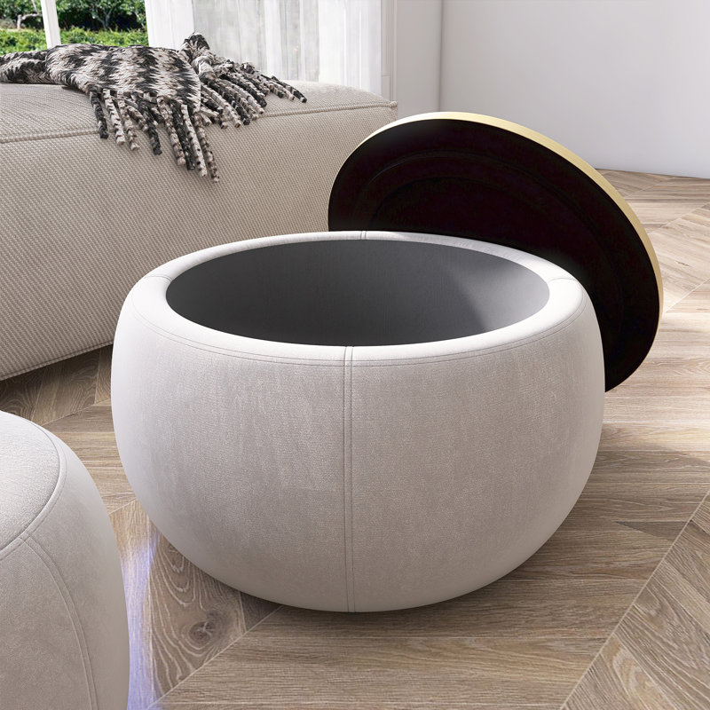 Round Storage End Table With Small Seat, Brown, Light Gray