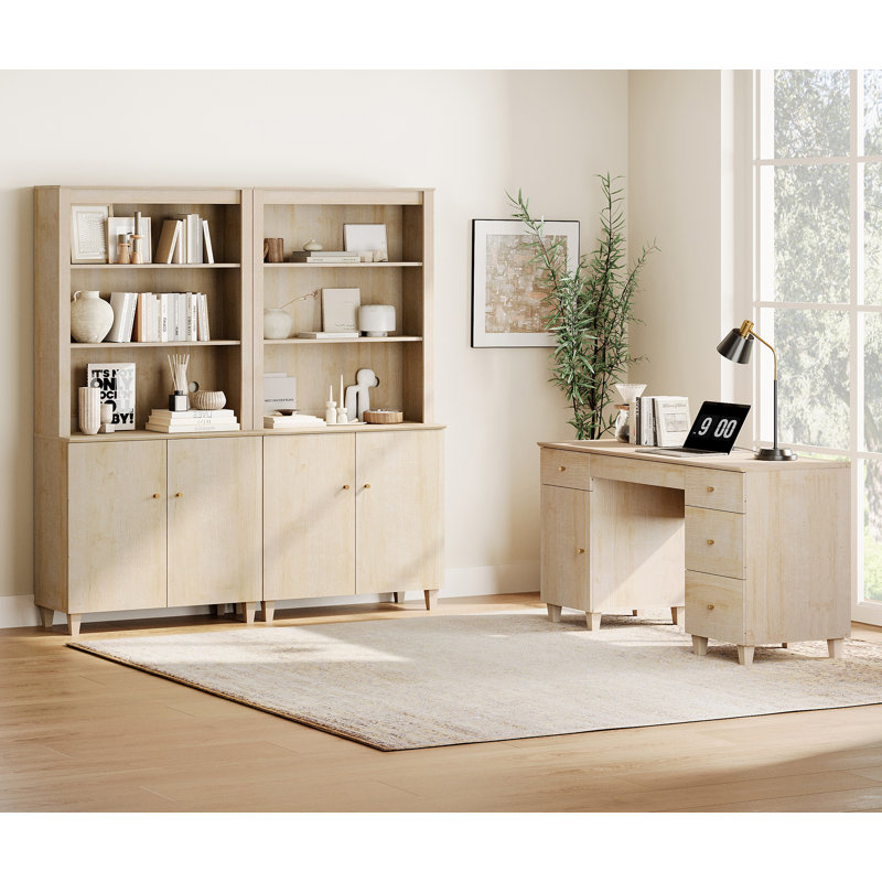Lysiane Executive Desk Office Set with Bookcase, Oak
