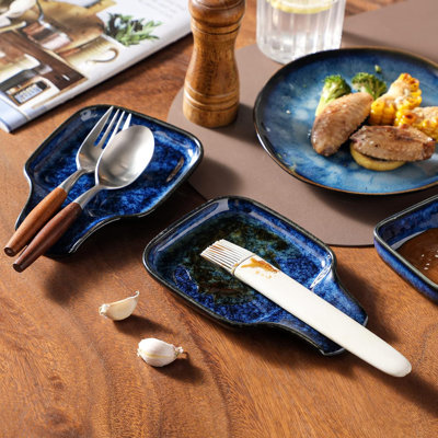 Repose-cuillère Stern pour la cuisine, porte-cuillère carré en céramique pour plaque de cuisson, repose-ustensiles résistant à la chaleur pour comptoir, compatible lave-vaisselle, bleu four, lot de 2
