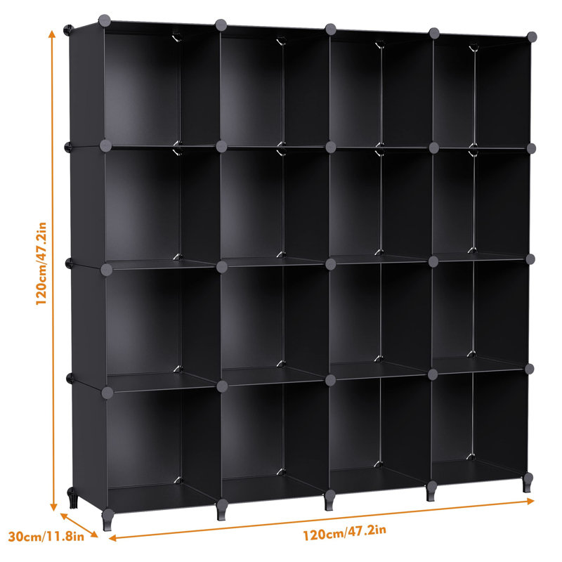 Alvi 304.8cm H Plastic Cube Bookcase, (16 Shelves) 120cm H x 120cm W x 30cm D, Black