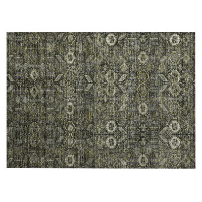 2' X 3' Moss Green and Gray Floral Washable Non Skid Indoor Outdoor Area Rug